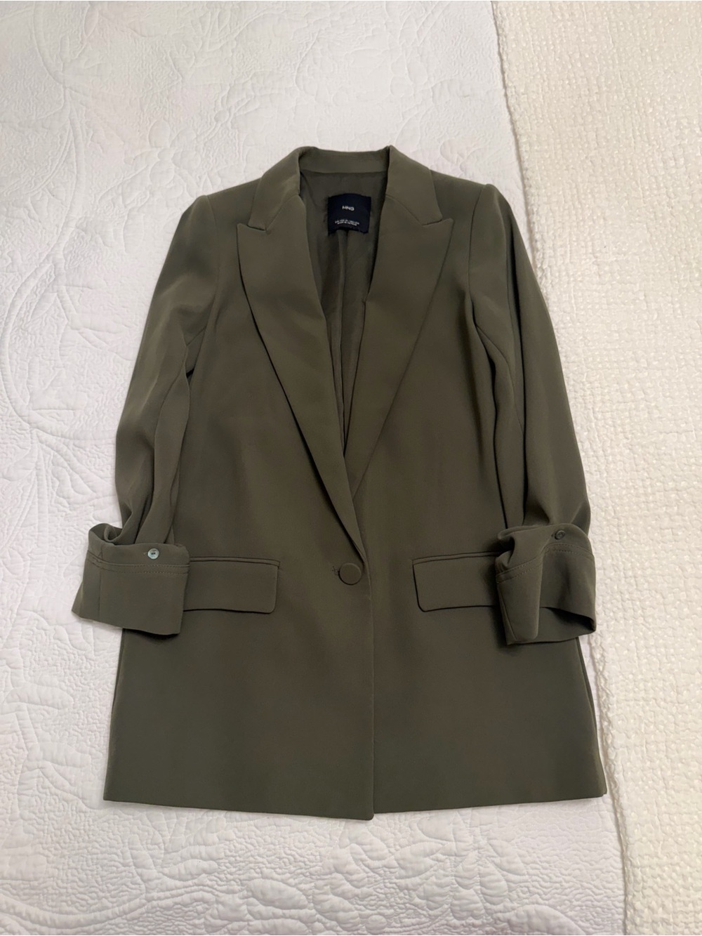 Mango Olive Green Single-Button Long Blazer